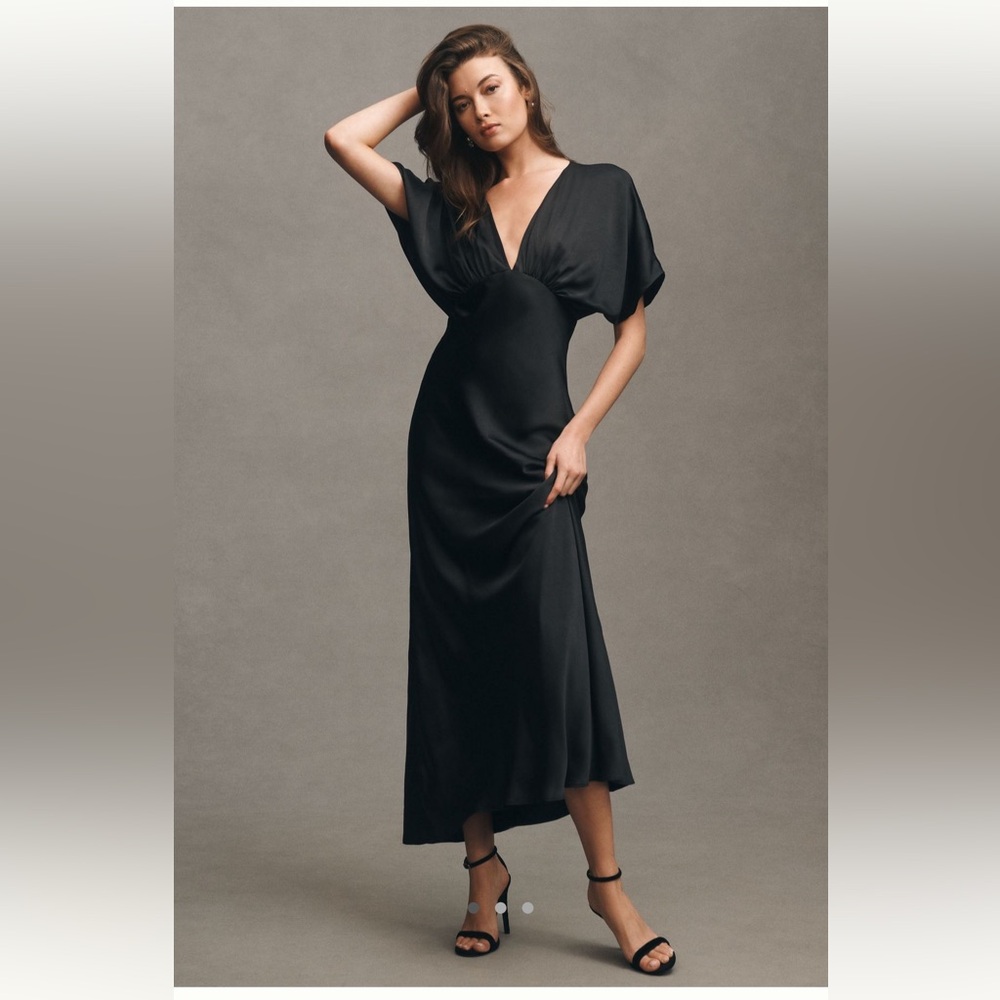 BHLDN Leila Deep-V Flutter-Sleeve Satin A-Line Gown